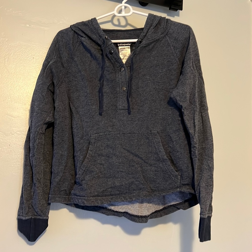 Women's S Patagonia Blue Heather Quarter Snap Hoodie Shirt Used-Good